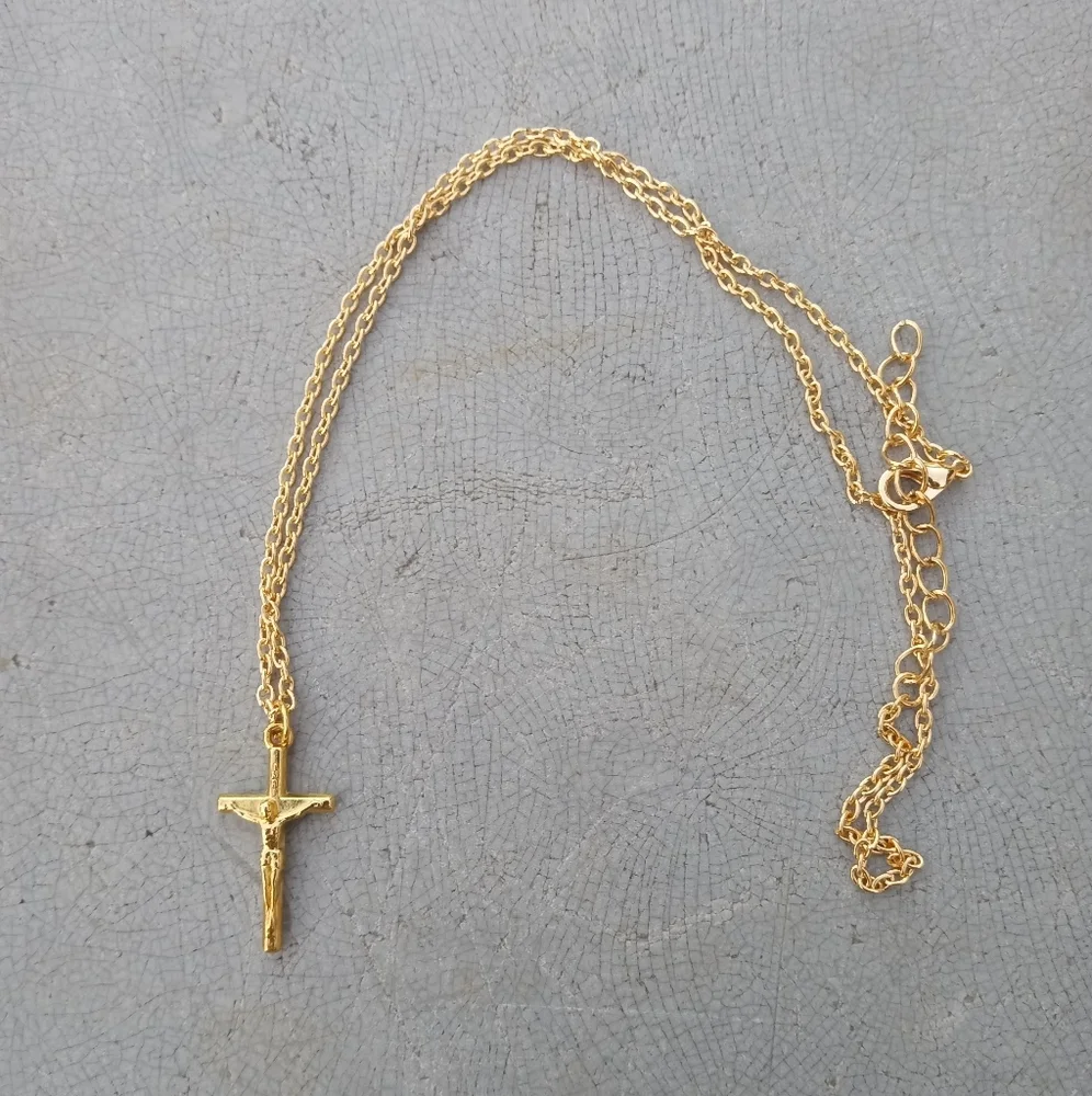 2/$10 Dainty Crucifix Gold Tone Jesus Cross Religious Necklace NWT